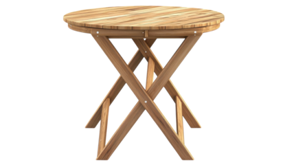 Round wooden table with crossed legs, suitable for outdoor dining and gatherings, showcasing a natural finish and sturdy construction.