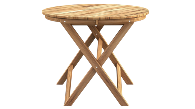 Round wooden table with crossed legs, suitable for outdoor dining and gatherings, showcasing a natural finish and sturdy construction.