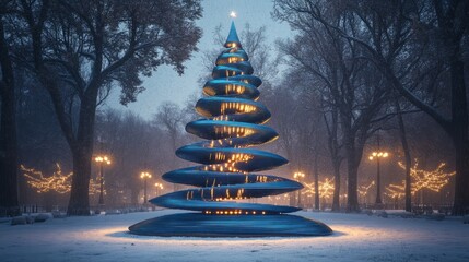 Modern industrial Christmas tree of layered blue steel plates, glowing with lights, snow-covered winter scene
