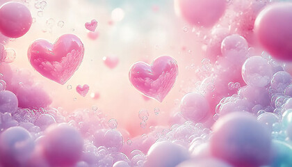 Pink hearts are flying in blue clouds.