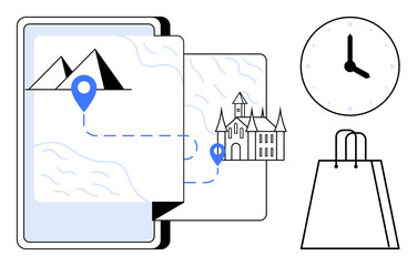 Phone displaying digital map with route from mountains to a castle, marked by location pins. Clock and shopping bag icons included. Ideal for travel, itinerary, planning, tourism, scheduling