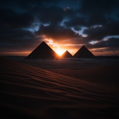 A stunning sunset behind the three pyramids, casting dramatic shadows in the desert landscape.