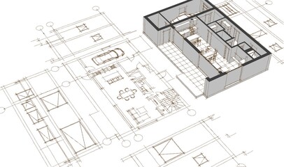 house architectural project sketch 3d illustration	