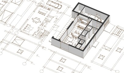 house architectural project sketch 3d illustration	