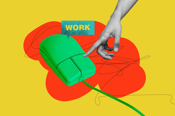 Collage picture computer equipment mouse click drawing doodles hand body fragment finger pointing...
