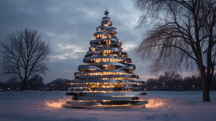Modern industrial Christmas tree of layered blue steel plates, glowing with lights, snow-covered winter scene