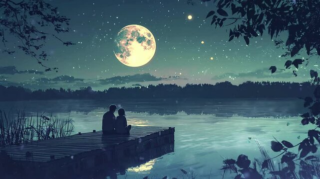 A couple looks at the starlit sky and a big moon. Anime or cartoon style, looping 4k video animation background