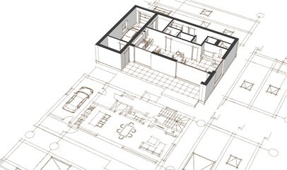 house architectural project sketch 3d illustration	