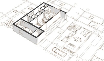 house architectural project sketch 3d illustration	