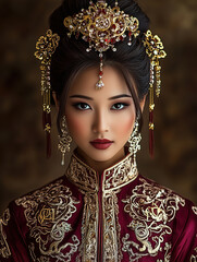Elegant portrait of a young woman in traditional Chinese attire with intricate details