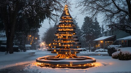 Modern industrial Christmas tree of layered blue steel plates, glowing with lights, snow-covered winter scene
