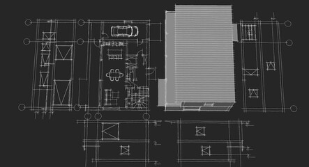 house architectural project sketch 3d illustration	