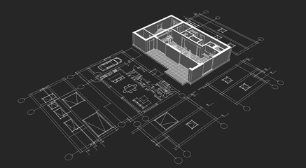 house architectural project sketch 3d illustration	