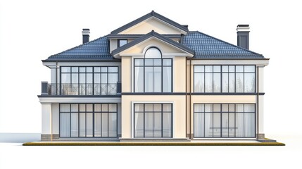 Fototapeta premium 3D rendering of a modern dark gray and beige house with large windows bright lighting and cinematic details isolated on a white background.
