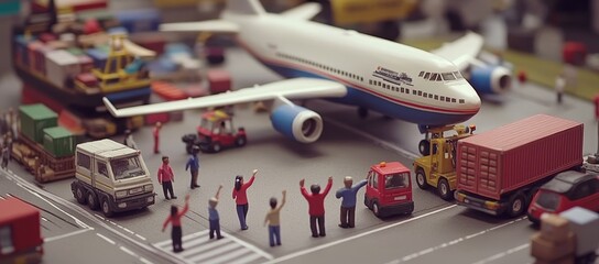 Miniature airport scene with airplane, cargo trucks, and tiny figures.