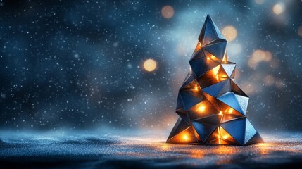 Modern industrial Christmas tree of layered blue steel plates, glowing with lights, snow-covered winter scene