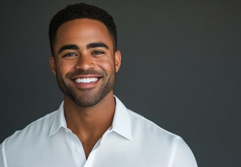 Obraz premium Cheerful young man with a bright smile wearing a white shirt against a dark background, showcasing confidence and positivity in a professional portrait setting