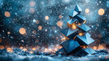 Modern industrial Christmas tree of layered blue steel plates, glowing with lights, snow-covered winter scene