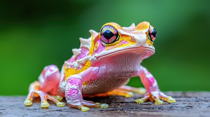 Naklejka premium A vibrant pink and yellow spiky fantasy frog sits on a wooden branch against a soft green background.
