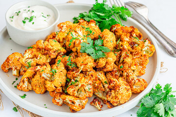 Air Fryer Crispy Cauliflower Garnished with Cilantro Close-Up Photo