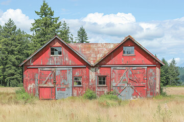 Obraz premium Two old red wooden barns standing in field on farm