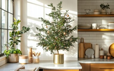 Fototapeta premium A bright kitchen featuring a potted green tree with simple holiday decorations and fairy lights