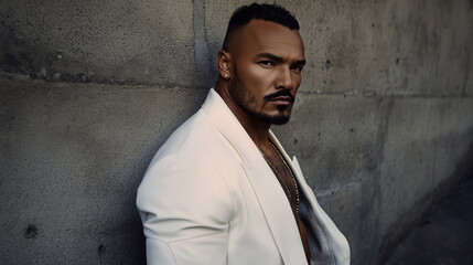 Obraz premium Confident mixed race man poses stylishly outdoors with a concrete backdrop during daylight