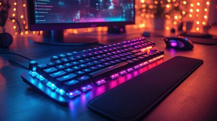 Obraz premium Illuminated gaming keyboard and mouse on desk. (1)