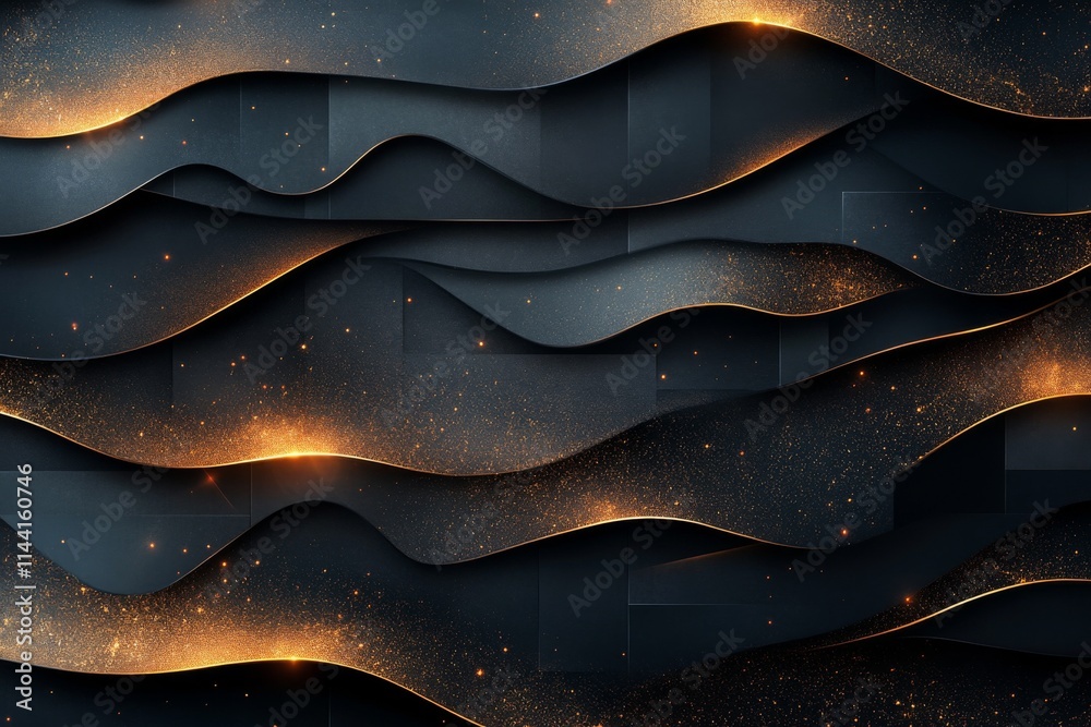 Poster waves of shimmering gold and dark shadows create an abstract texture with depth and movement suitabl