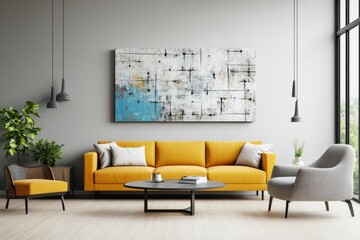 Modern living room design featuring a vibrant yellow sofa and abstract wall art in bright lighting