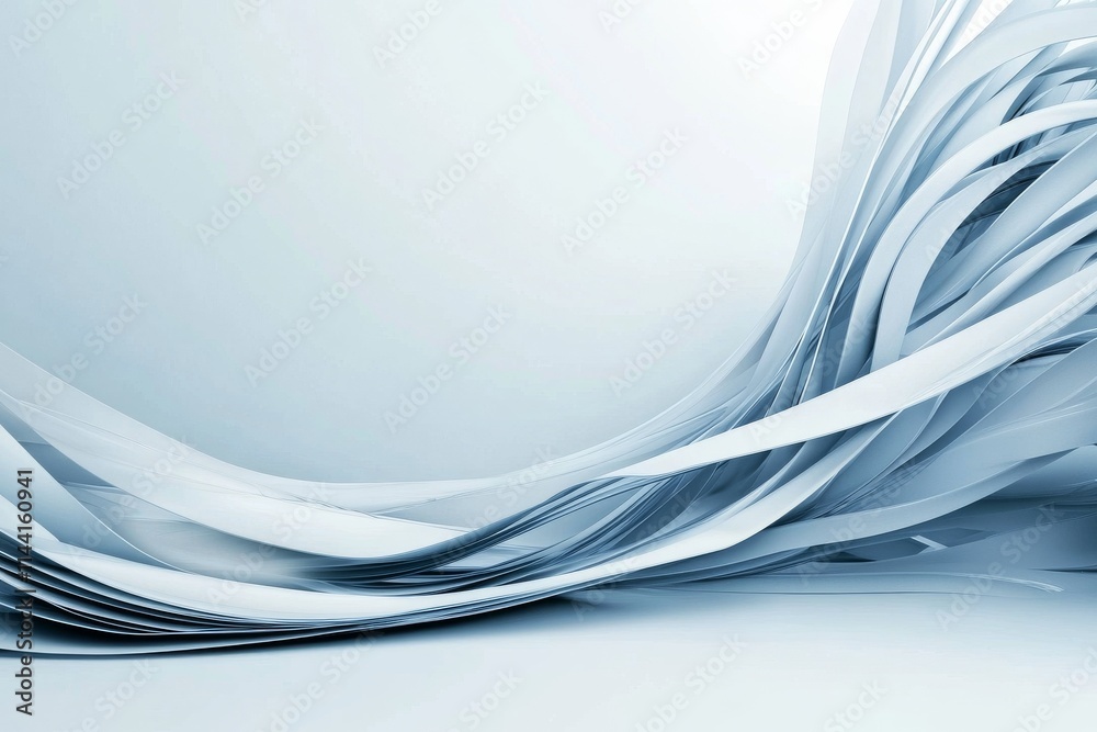Poster flowing abstract lines create a serene background of light blue and white tones in a minimalist desi