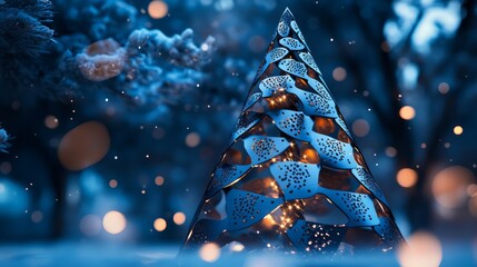 Modern industrial Christmas tree of layered blue steel plates, glowing with lights, snow-covered winter scene