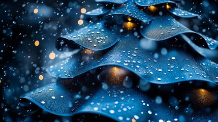 Modern industrial Christmas tree of layered blue steel plates, glowing with lights, snow-covered winter scene