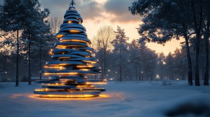 Modern industrial Christmas tree of layered blue steel plates, glowing with lights, snow-covered winter scene