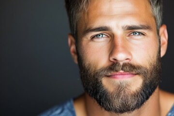 Fototapeta premium Young man with a well-groomed beard and striking blue eyes poses against a dark background showcasing confidence and charm