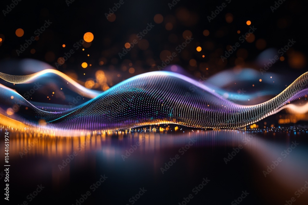 Poster Colorful abstract wave patterns illuminated with bright lights in a dark background create a mesmerizing visual effect
