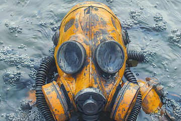 Old gas mask floating on polluted water surface
