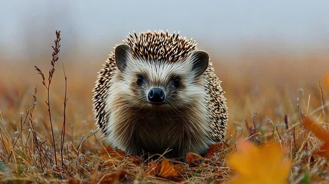 A close-up of a hedgehog in a grassy field surrounded by autumn leaves footage