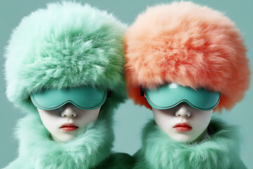 Futuristische Wintermode mit flauschigen Hüten und reflektierenden Brillen  
