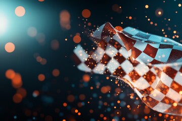 Colorful checkered flag waves with vibrant sparks in racing atmosphere during an exciting motorsport event