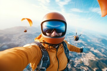 Obraz premium Exciting paragliding adventure in the mountains capturing stunning aerial views during a cloudless day