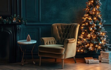 A cozy reading nook with a single velvet armchair, a marble side table, and a small glowing Christmas tree in the corner