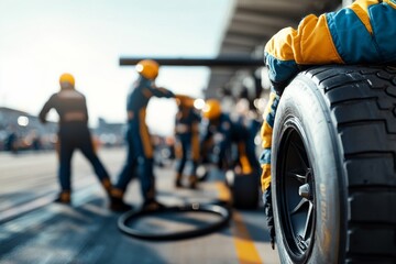 Team prepares for a fast tire change during a motorsport event at the racetrack in the early afternoon