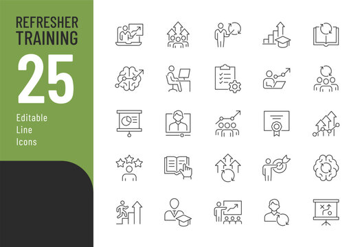 Refresher training line Editable Icons set. Vector illustration in modern thin line style of education related icons: courses, online lection, workshop, and more. Pictograms and infographics.