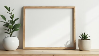 Wooden Frame with Mat. Mockup with blank picture frame on wooden shelf with potted plants and natural light accents