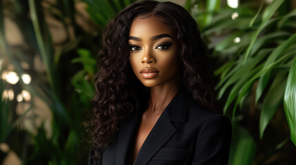 Fototapeta premium Elegant portrait of a black woman in a lush green setting during daytime