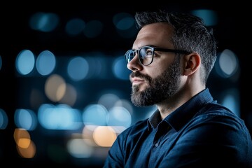 Fototapeta premium Man with glasses and beard deep in thought against a blurred illuminated background at night