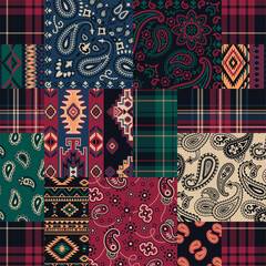 Bandana paisley native motifs and tartan plaid fabric patchwork abstract vector seamless pattern for scarf kerchief shirt fabric wrapping carpet rug tablecloth pillow