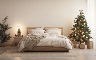 Naklejka premium A contemporary bedroom with a light wood bedframe, neutral linens, and a small Christmas tree glowing softly in the corner