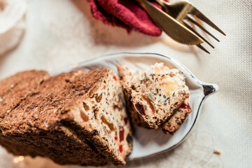 Zwieback cookies on a festive table, Scandinavian style, Scandinavian Christmas, cookies with raisins, nuts, candied fruits, flax and sunflower seeds
